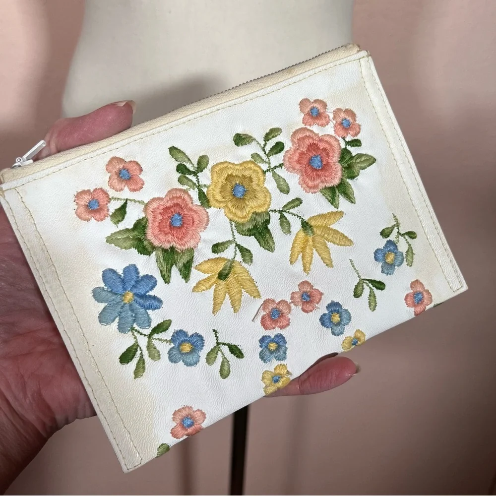 Vintage 40 50 Retro white Leather Pastel embroidered Cottagecore Clutch mini Bag - Picture 16 of 16
